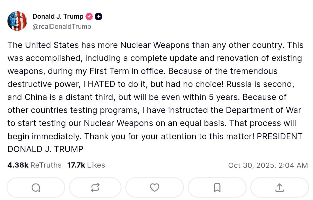 Featured image for: Trump instructs Department of War to begin nuclear weapons testing Trump instructs Department of War to begin nuclear weapons testing
