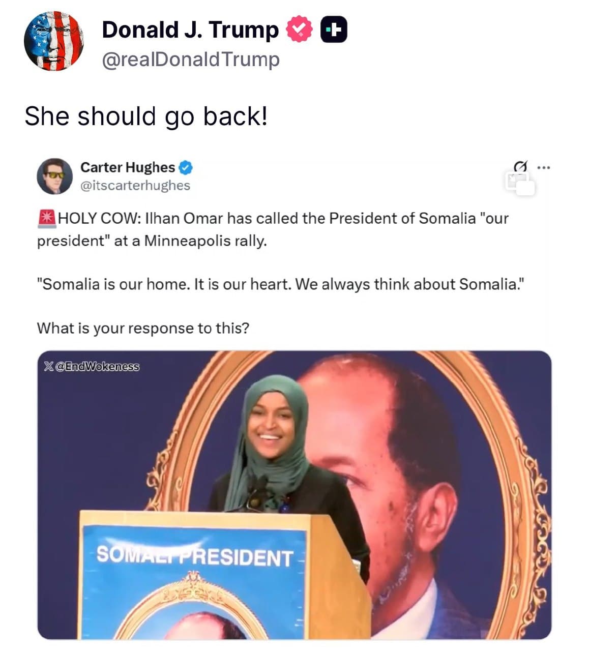 Featured image for: Trump suggests Ilham Omar 'should go back' to Somalia at rally Trump suggests Ilham Omar 'should go back' to Somalia at rally