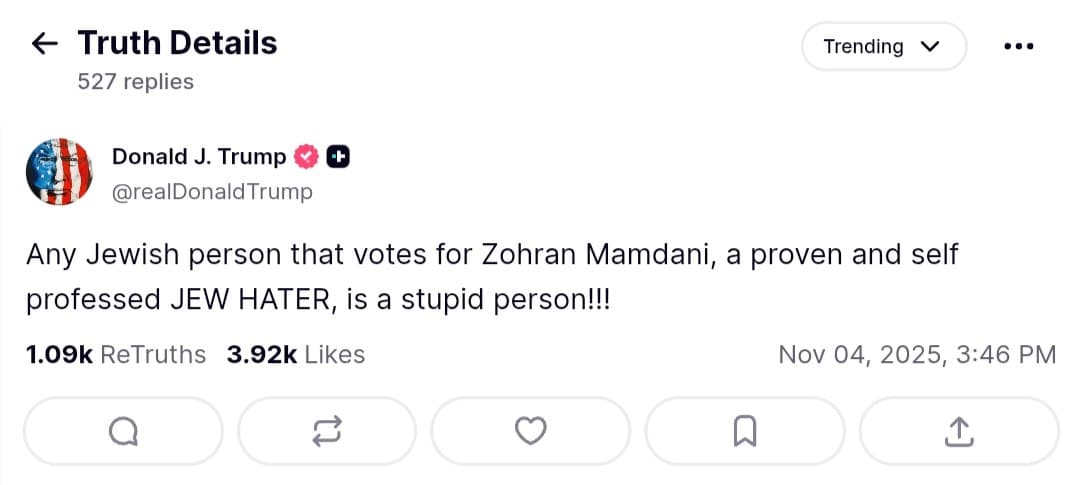 Trump says Jewish voters for Mamdani are 'stupid persons'