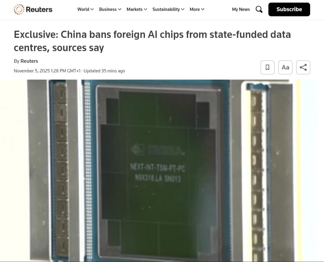 China orders state-funded data centers to use only domestic AI chips