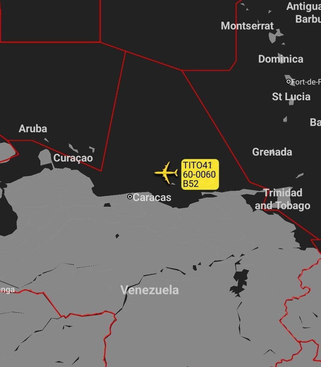 Two B-52 strategic bombers flying off the coast of Venezuela
