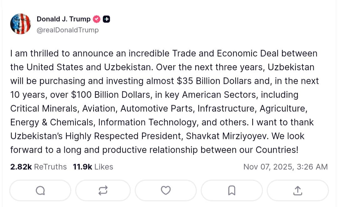 Trump announces $35 billion trade deal with Uzbekistan over three years