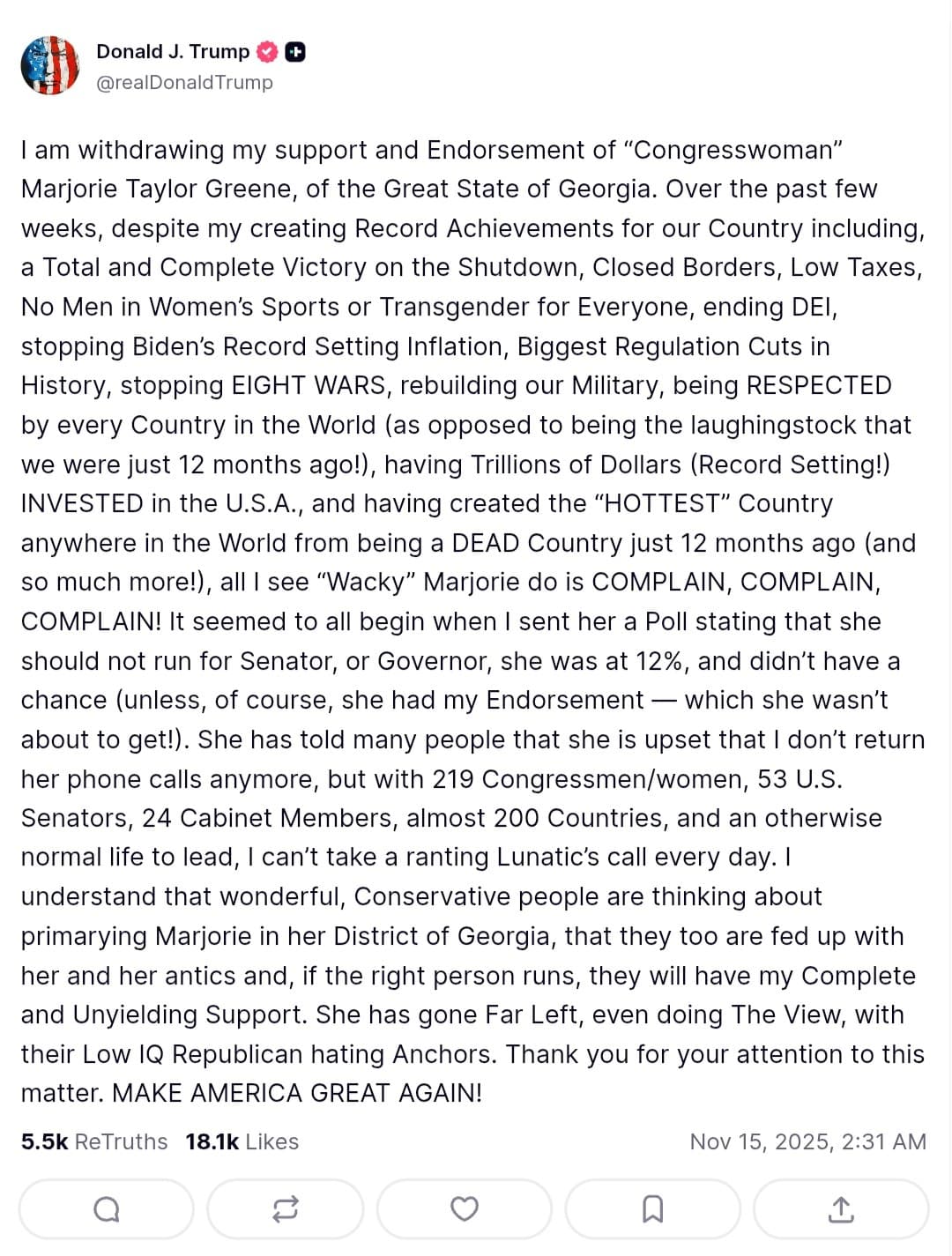 Trump withdraws endorsement of Rep. Marjorie Taylor Greene, backs challenger