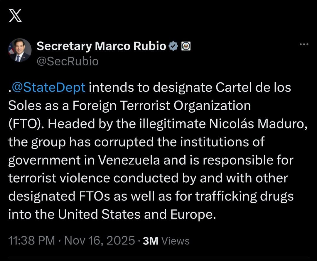 US Secretary of State Marco Rubio announces Cartel de los Soles FTO designation