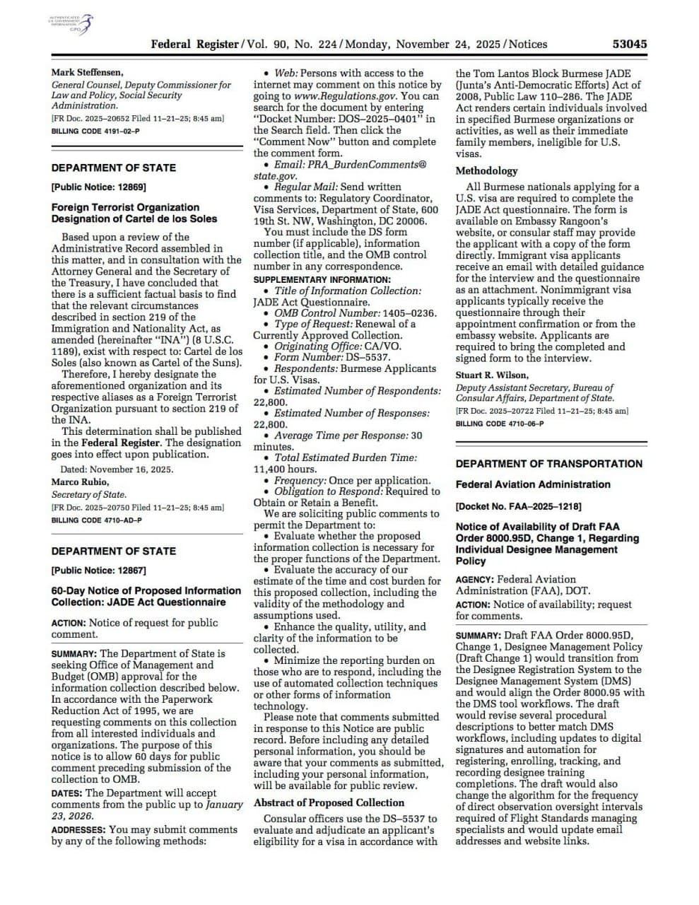 US designates Cartel of the Suns as Foreign Terrorist Organization