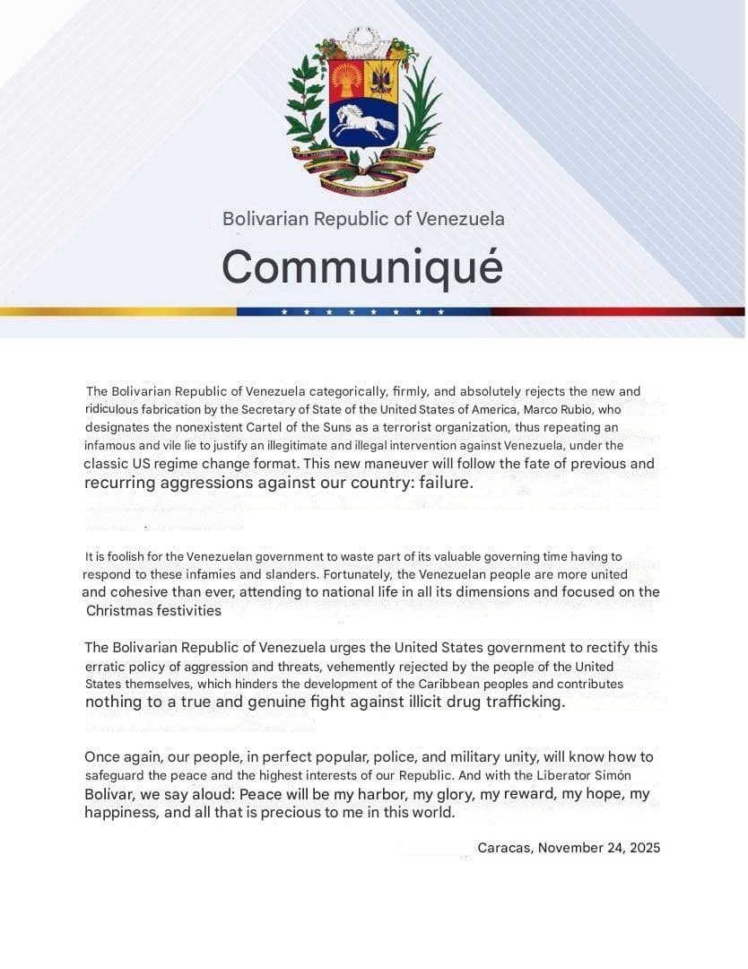 Venezuela rejects US designation of "Cartel de los Soles" as terrorist group