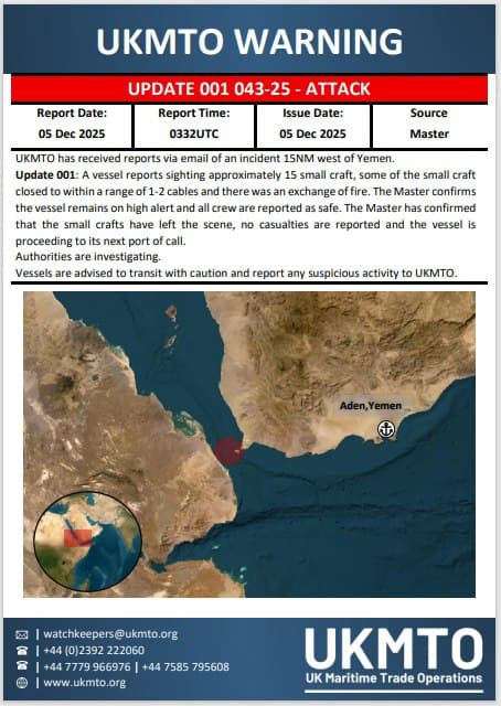 Featured image for: Vessel reports exchange of fire with small crafts near Yemen Vessel reports exchange of fire with small crafts near Yemen