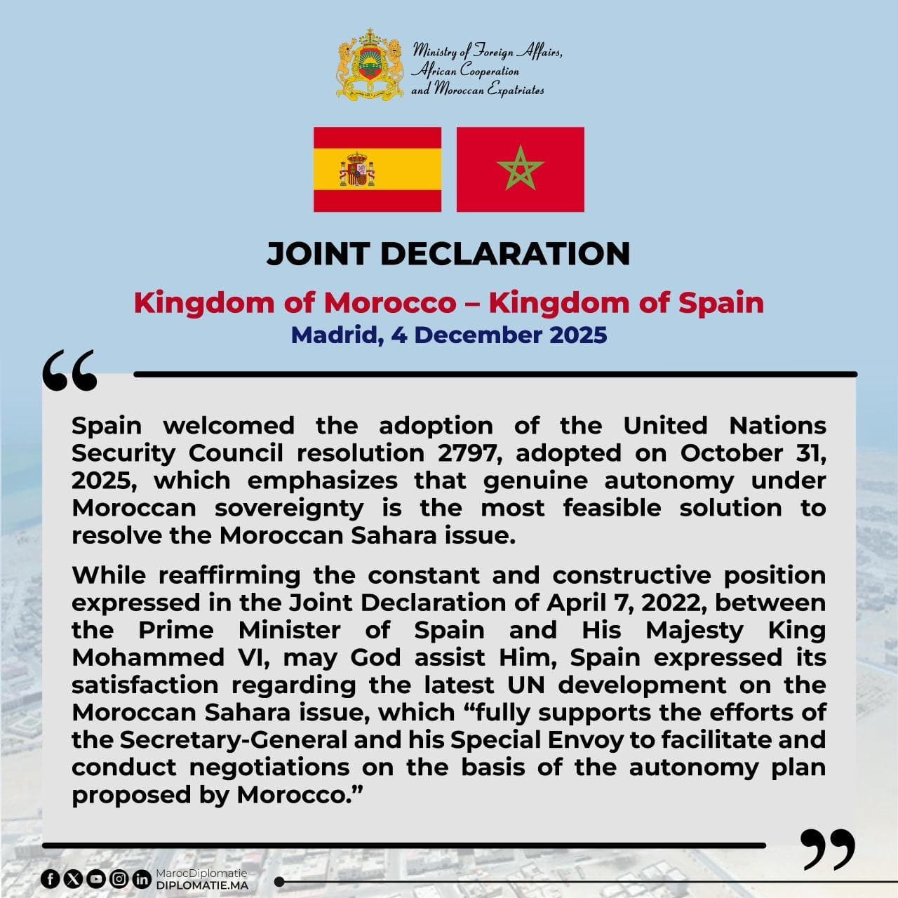 Spain Supports Morocco's Autonomy Plan for Western Sahara in UN Resolution