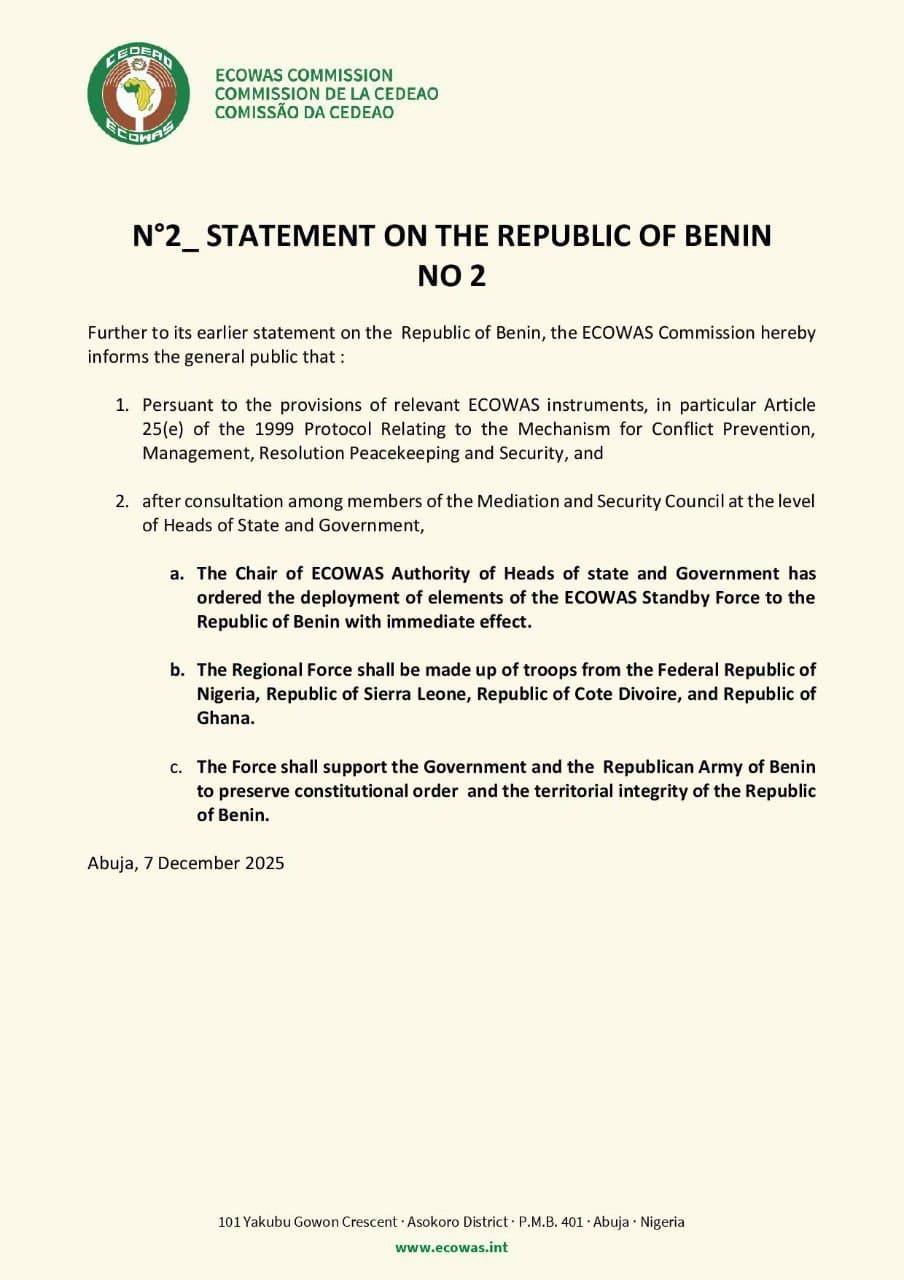 Featured image for: ECOWAS to deploy Standby Force to Benin after failed coup attempt ECOWAS to deploy Standby Force to Benin after failed coup attempt