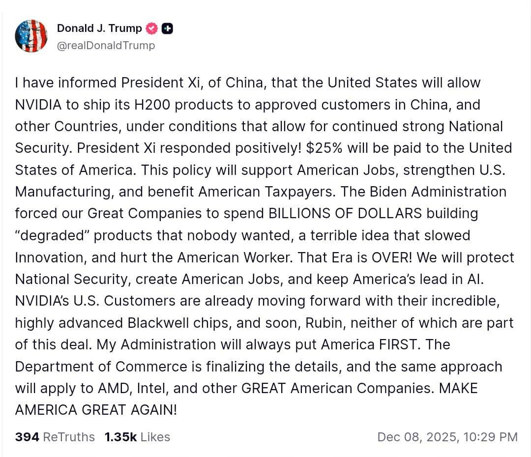 Featured image for: Trump announces U.S. approval for NVIDIA H200 chip exports to China Trump announces U.S. approval for NVIDIA H200 chip exports to China
