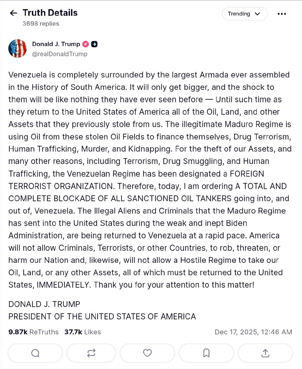 Featured image for: Trump orders total blockade of sanctioned oil tankers to Venezuela Trump orders total blockade of sanctioned oil tankers to Venezuela