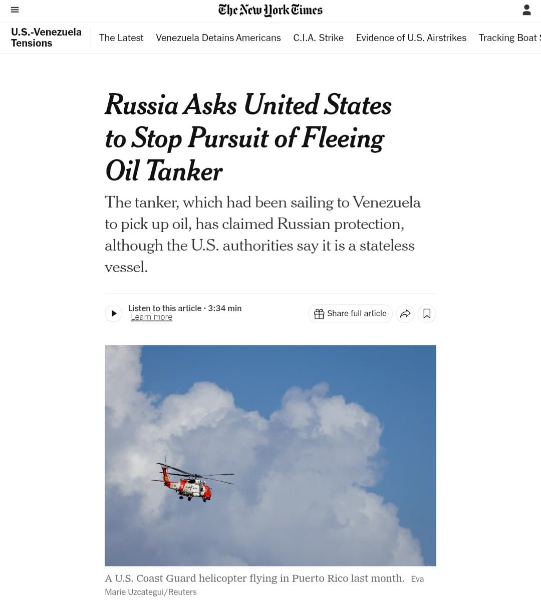 Featured image for: Russia Requests U.S. to Halt Pursuit of Fleeing Oil Tanker Russia Requests U.S. to Halt Pursuit of Fleeing Oil Tanker