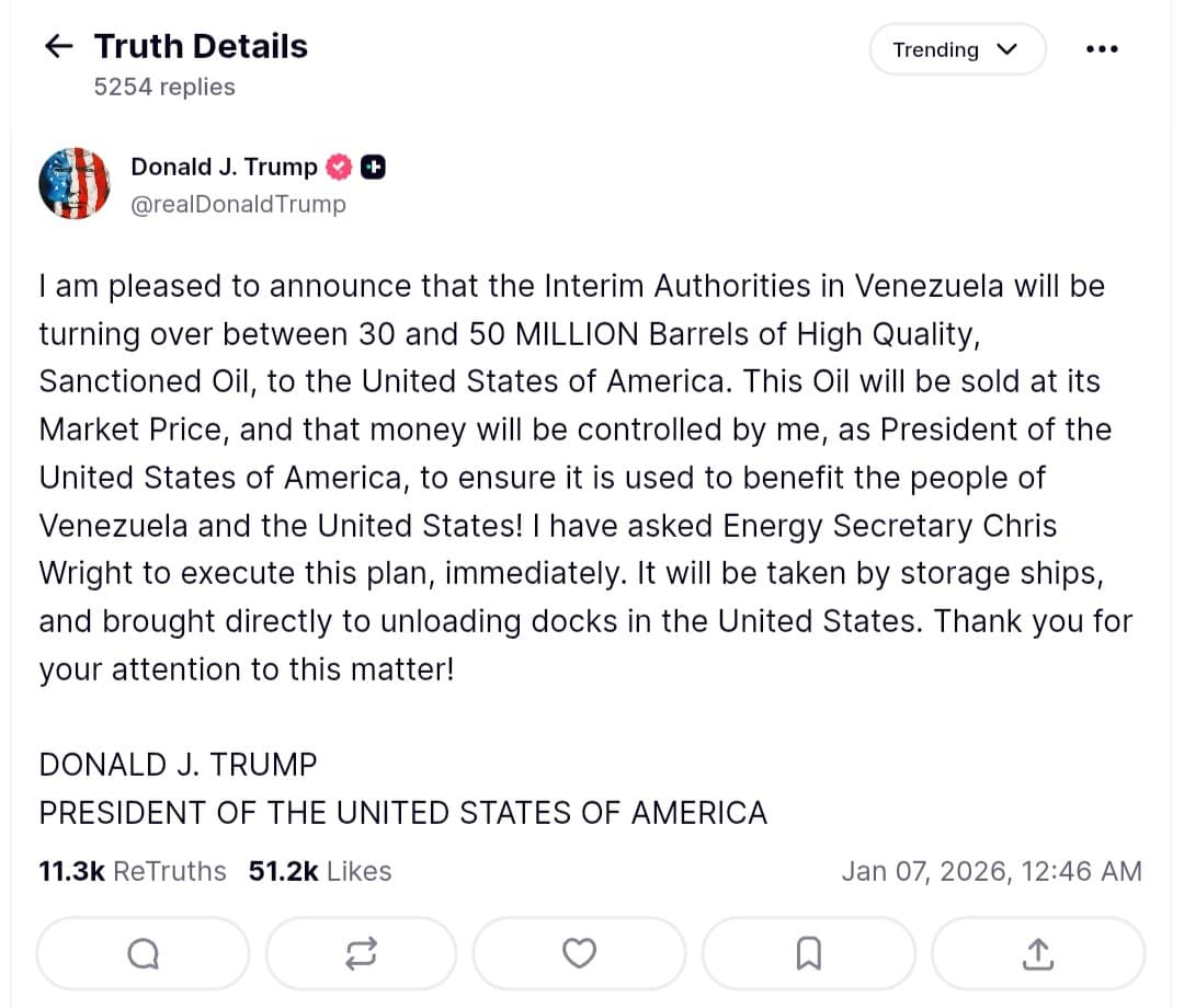 Featured image for: Trump announces Venezuela to transfer 30-50 million barrels of oil to US Trump announces Venezuela to transfer 30-50 million barrels of oil to US