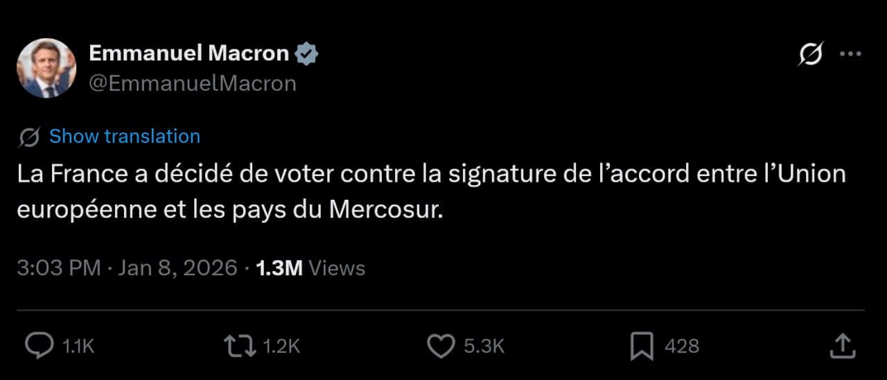 Featured image for: France to vote NO on European Union–Mercosur agreement, says Macron France to vote NO on European Union–Mercosur agreement, says Macron