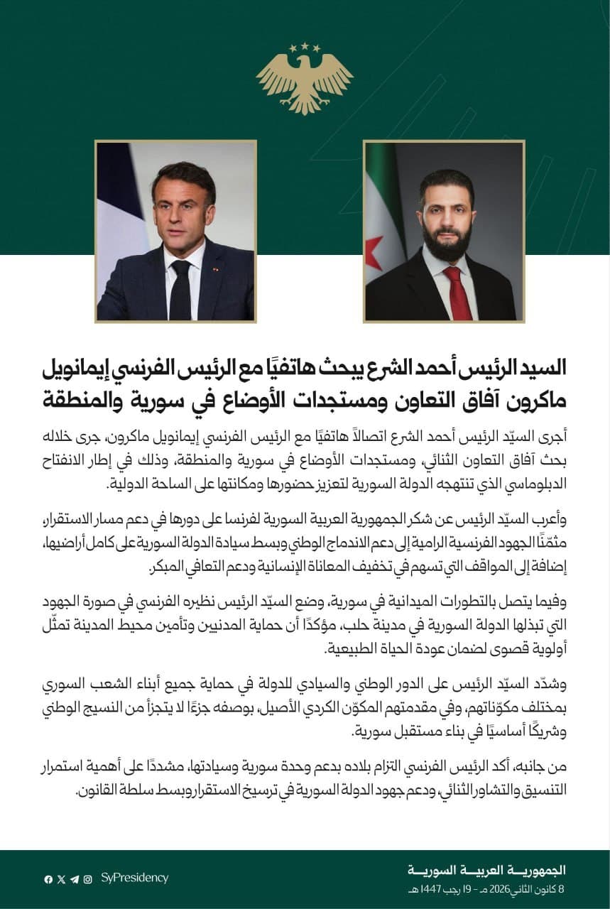Featured image for: Syrian Interim-president Ahmed Al-Sharaa speaks with French President Macron Syrian Interim-president Ahmed Al-Sharaa speaks with French President Macron