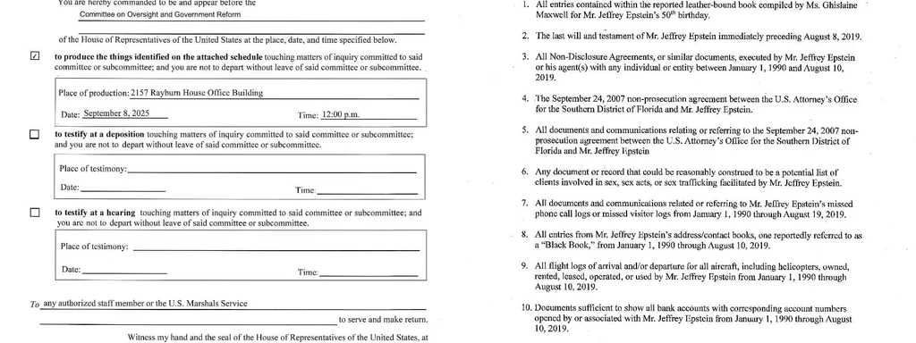 House Oversight Committee Subpoenas Epstein Estate for Key Evidence