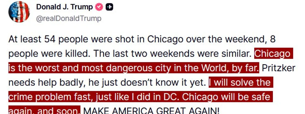 Trump Declares Chicago 'Most Dangerous City,' Vows Swift Crime Solutions