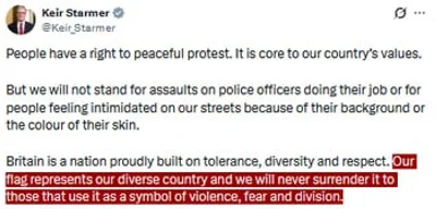 Starmer: UK flag symbolizes diversity, will not surrender it to violence