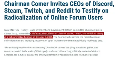 CEOs of Discord, Steam, Twitch, and Reddit to testify before Congress