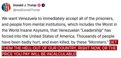 Trump warns Venezuela to take back 'monsters' or face 'incalculable' price