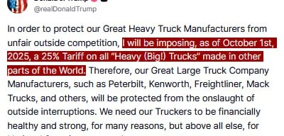 Trump announces 25% tariff on all heavy trucks from October 1, 2025