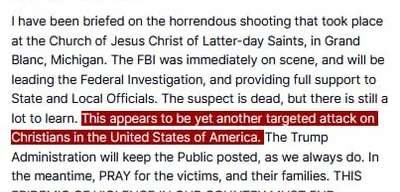 Trump calls attack on Christians in the U.S. a targeted attack