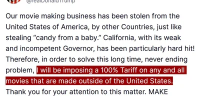 Trump to impose 100% tariff on all foreign-made movies