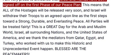 Trump announces first phase of Hamas-Israel ceasefire agreement reached