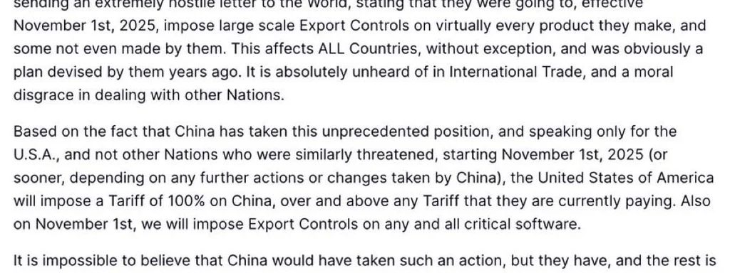 Trump to impose 100% tariff on China starting November 1st