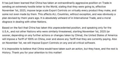 Trump to impose 100% tariff on China starting November 1st