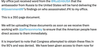 Russia to hand over 350-page document on JFK assassination, says Rep. Luna