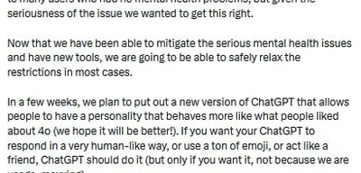 OpenAI's Sam Altman announces ChatGPT will allow erotica for verified adults in December