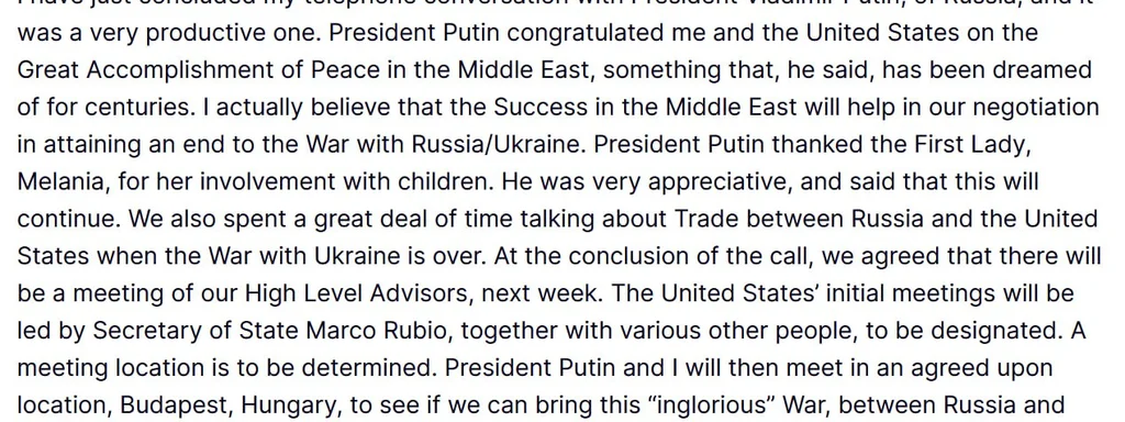 Trump concludes call with Putin, announces meetings next week