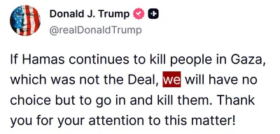 Trump warns of action against Hamas if killings continue