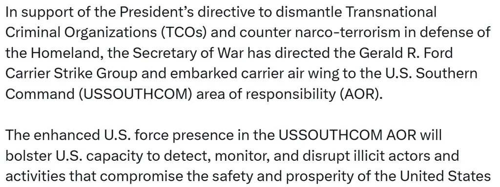 Featured image for: Gerald R. Ford Carrier Strike Group ordered to deploy to U.S. Southern Command Gerald R. Ford Carrier Strike Group ordered to deploy to U.S. Southern Command