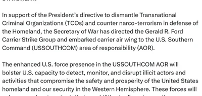 Gerald R. Ford Carrier Strike Group ordered to deploy to U.S. Southern Command