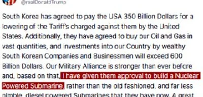 Trump approves South Korea's nuclear submarine construction, investment in U.S.