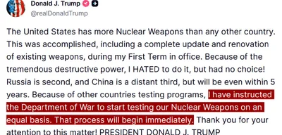 Trump orders Department of War to start nuclear weapons tests