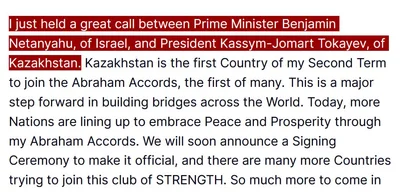 Trump concludes group call with Netanyahu and President Tokayev