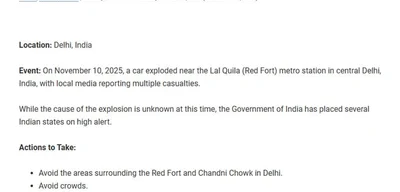 U.S. Embassy in India issues security alert after Delhi metro station car explosion, 8 dead