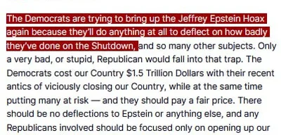 Trump accuses Democrats of using Epstein Hoax to distract from Shutdown