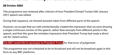 BBC apologizes to Trump over deceptive editing in J6 documentary