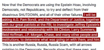 Trump requests DOJ and FBI to investigate Epstein's connections to Clinton and others