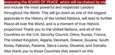 Trump congratulates UN on vote to endorse 'THE BOARD OF PEACE'