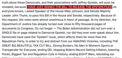 Trump signs bill to release the Epstein Files