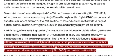U.S. FAA issues warning to civilian airlines in Venezuelan airspace