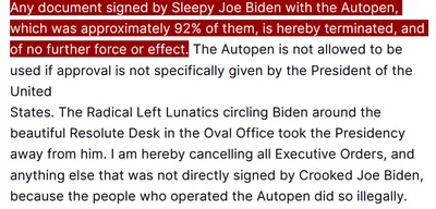 Trump rescinds executive orders signed under Biden using auto-pen