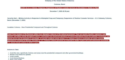 U.S. State Dept issues shelter in place for citizens in Cotonou, Benin