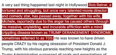 Trump claims Rob Reiner and wife died from 'Trump Derangement Syndrome'