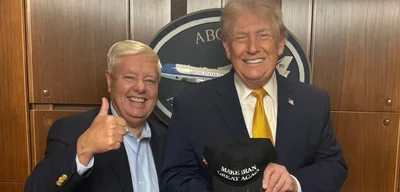 Lindsey Graham and Trump pose with signed 'Make Iran Great Again' hat